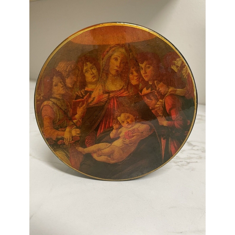 Madonna Mother Mary Round Lidded Lacquer Trinket Dresser Box